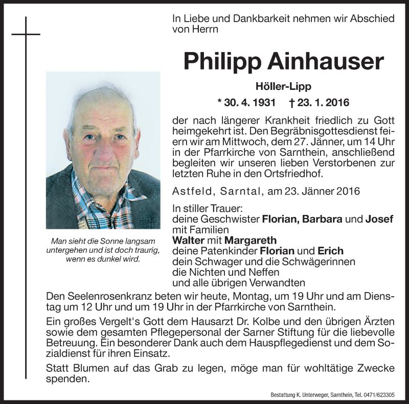  Traueranzeige für Philipp Ainhauser vom 25.01.2016 aus Dolomiten