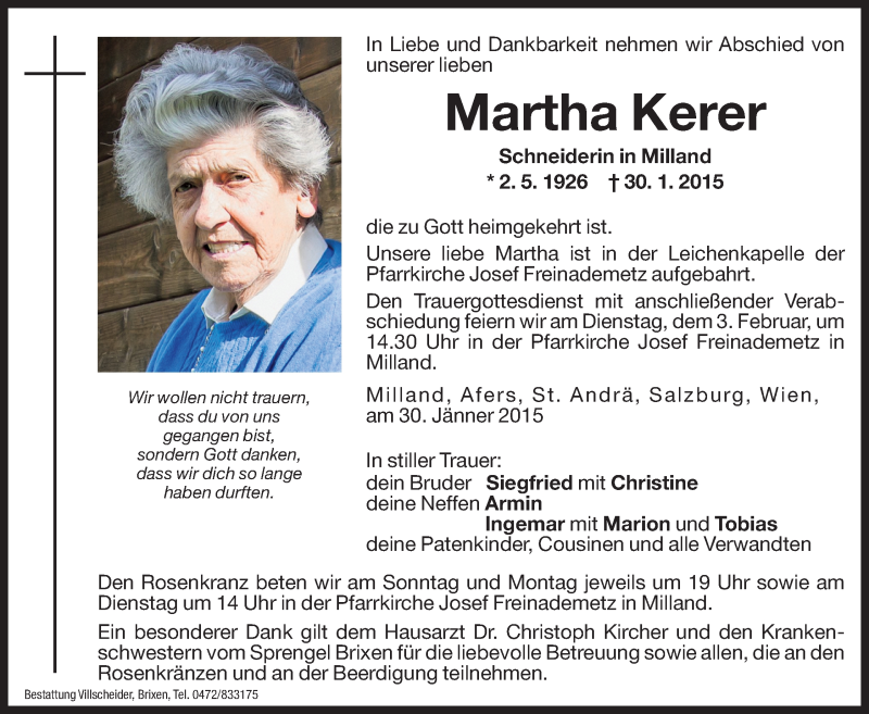  Traueranzeige für Martha Kerer vom 31.01.2015 aus Dolomiten