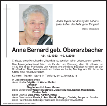 Traueranzeige von Anna Bernard von Dolomiten