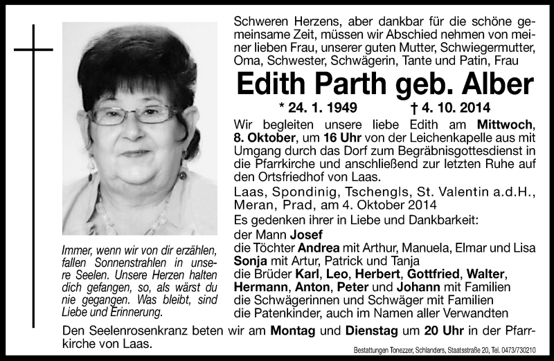  Traueranzeige für Edith Parth vom 06.10.2014 aus Dolomiten