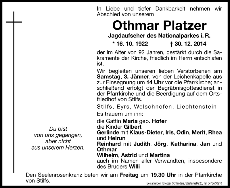  Traueranzeige für Othmar Platzer vom 02.01.2015 aus Dolomiten