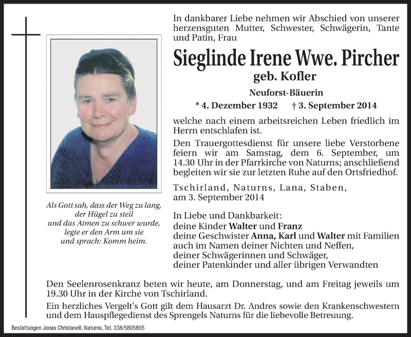  Traueranzeige für Sieglinde Irene Pircher vom 04.09.2014 aus Dolomiten