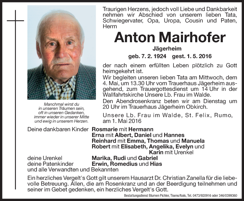  Traueranzeige für Anton Mairhofer vom 03.05.2016 aus Dolomiten