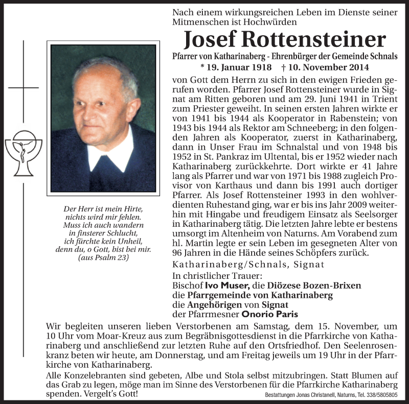  Traueranzeige für Josef Rottensteiner vom 13.11.2014 aus Dolomiten