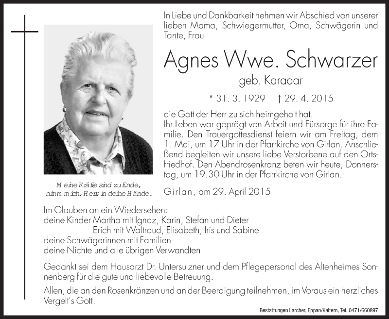  Traueranzeige für Agnes Schwarzer vom 30.04.2015 aus Dolomiten