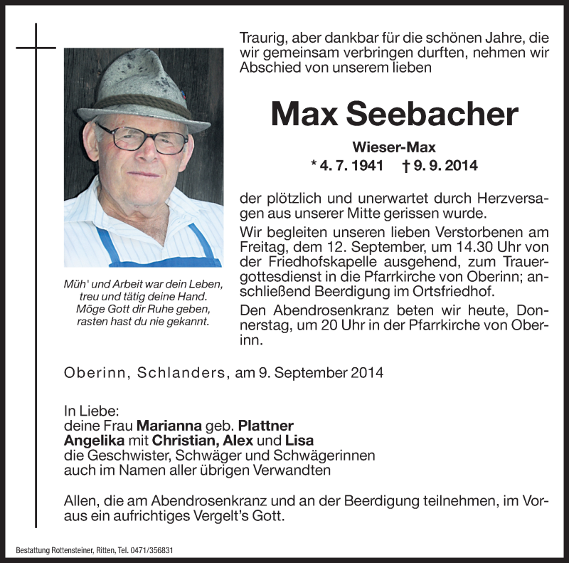  Traueranzeige für Max Seebacher vom 11.09.2014 aus Dolomiten