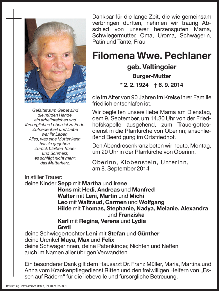  Traueranzeige für Filomena Pechlaner vom 08.09.2014 aus Dolomiten