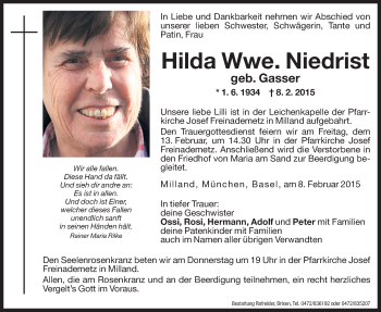 Traueranzeige von Hilda Niedrist von Dolomiten