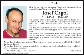 Traueranzeige von Josef Cagol von Dolomiten