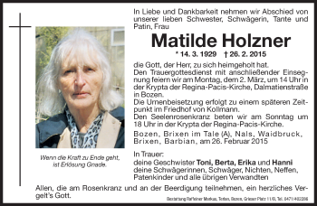 Traueranzeige von Matilde Holzner von Dolomiten