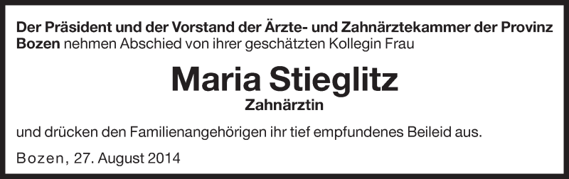  Traueranzeige für Maria Stieglitz vom 27.08.2014 aus Dolomiten