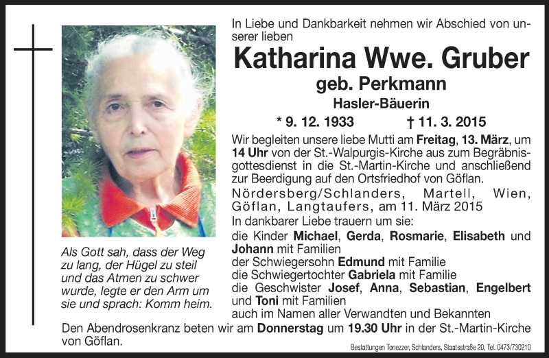  Traueranzeige für Katharina Gruber vom 12.03.2015 aus Dolomiten