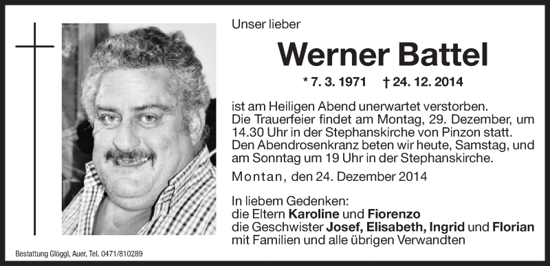  Traueranzeige für Werner Battel vom 27.12.2014 aus Dolomiten