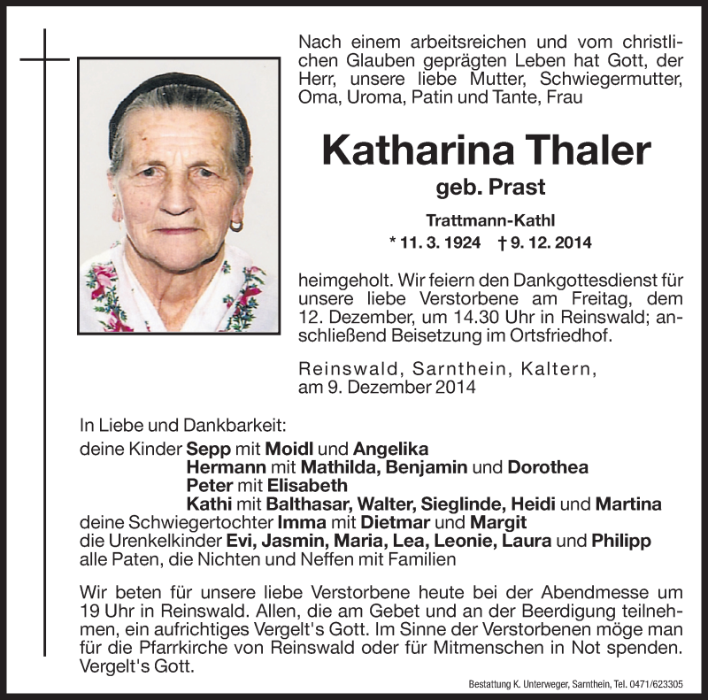  Traueranzeige für Katharina Thaler vom 11.12.2014 aus Dolomiten