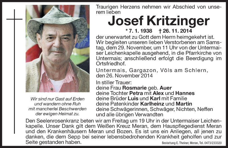  Traueranzeige für Josef Kritzinger vom 28.11.2014 aus Dolomiten