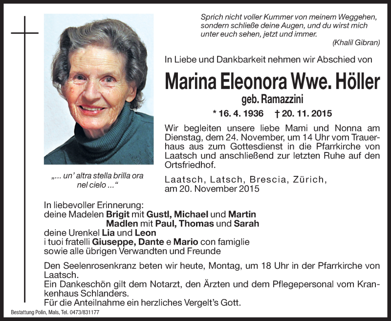  Traueranzeige für Marina Eleonora Höller vom 23.11.2015 aus Dolomiten