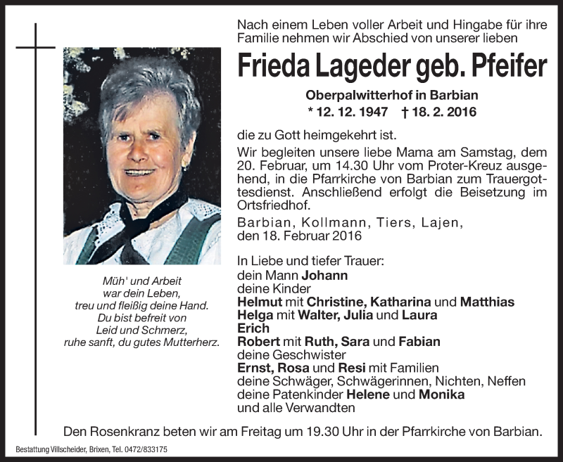  Traueranzeige für Frieda Lageder vom 19.02.2016 aus Dolomiten