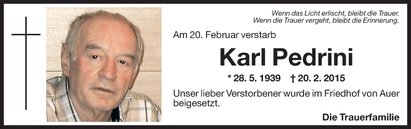  Traueranzeige für Karl Pedrini vom 27.02.2015 aus Dolomiten