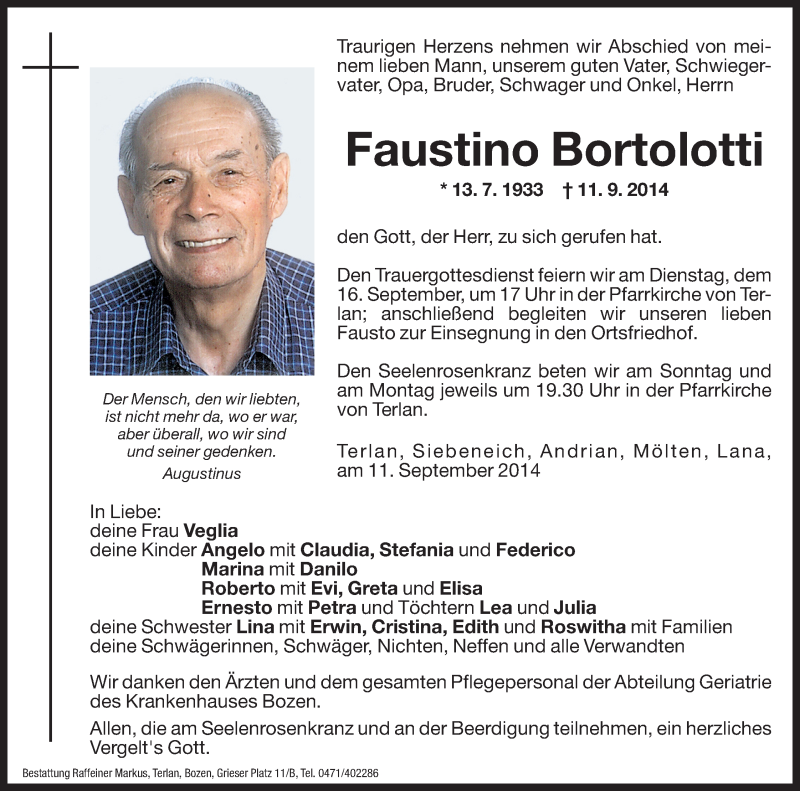  Traueranzeige für Faustino Bortolotti vom 13.09.2014 aus Dolomiten