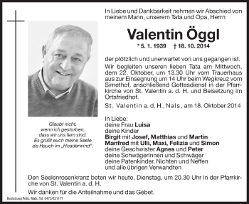 Traueranzeige von Valentin Öggl von Dolomiten