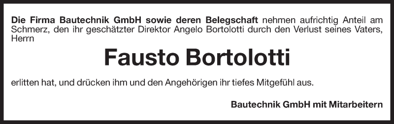  Traueranzeige für Fausto Bortolotti vom 13.09.2014 aus Dolomiten