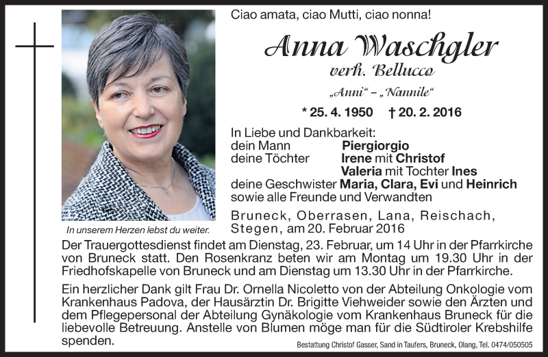  Traueranzeige für Anna Waschgler vom 22.02.2016 aus Dolomiten