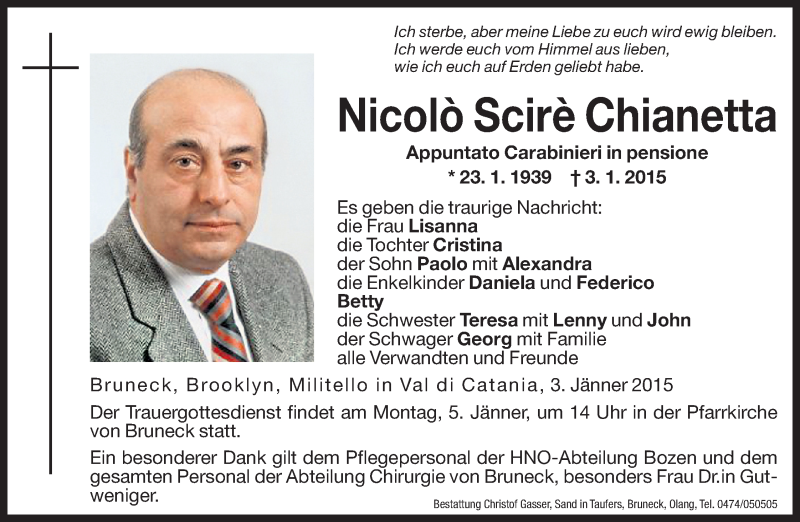  Traueranzeige für Nicolò Scirè Chianetta vom 05.01.2015 aus Dolomiten