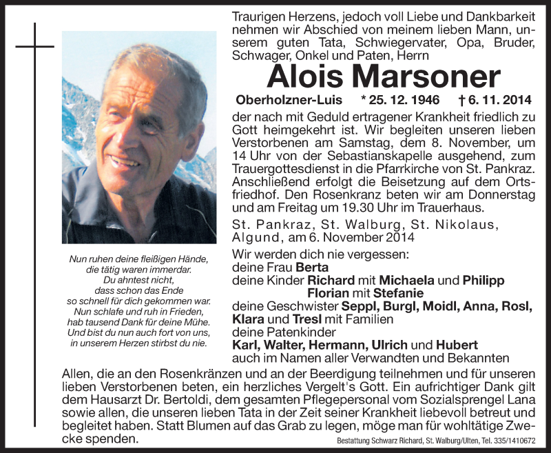  Traueranzeige für Alois Marsoner vom 07.11.2014 aus Dolomiten