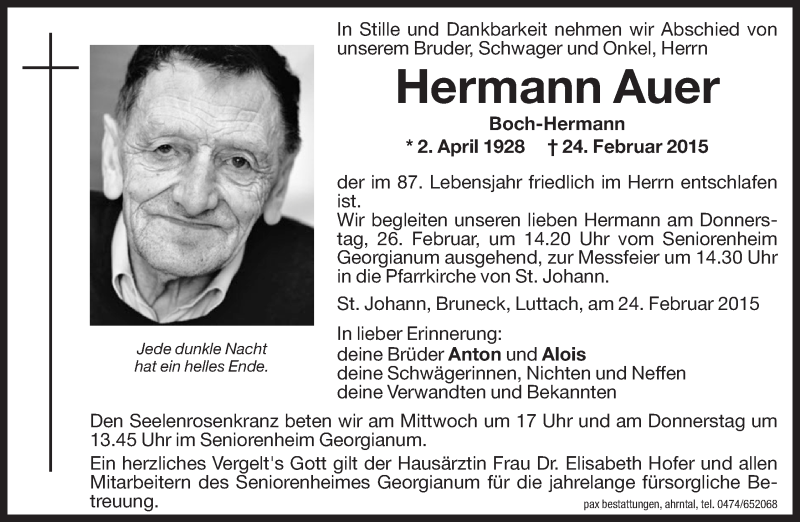  Traueranzeige für Hermann Auer vom 25.02.2015 aus Dolomiten