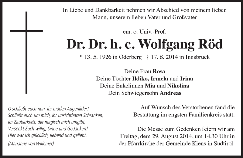  Traueranzeige für Wolfgang Röd vom 26.08.2014 aus Dolomiten