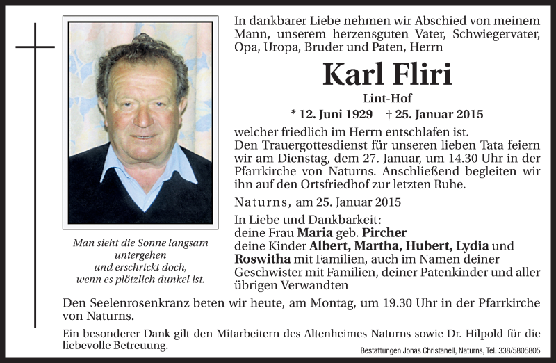  Traueranzeige für Karl Fliri vom 26.01.2015 aus Dolomiten