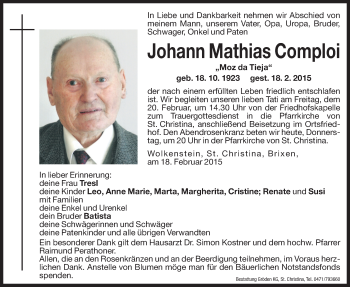 Traueranzeige von Johann Mathias Comploi von Dolomiten