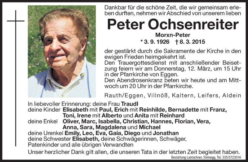  Traueranzeige für Peter Ochsenreiter vom 10.03.2015 aus Dolomiten