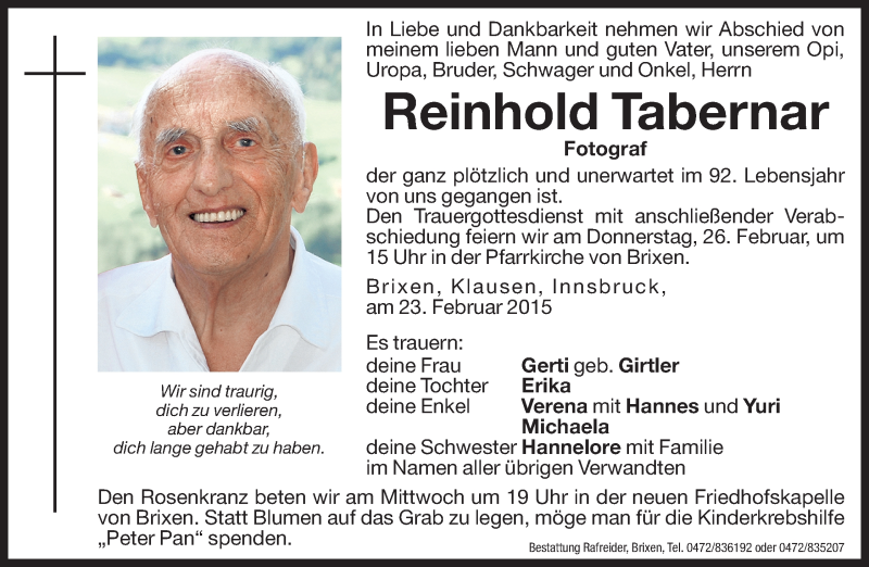  Traueranzeige für Reinhold Tabernar vom 25.02.2015 aus Dolomiten