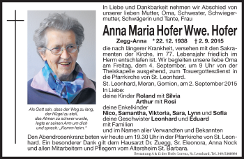 Traueranzeige von Anna Maria Hofer von Dolomiten