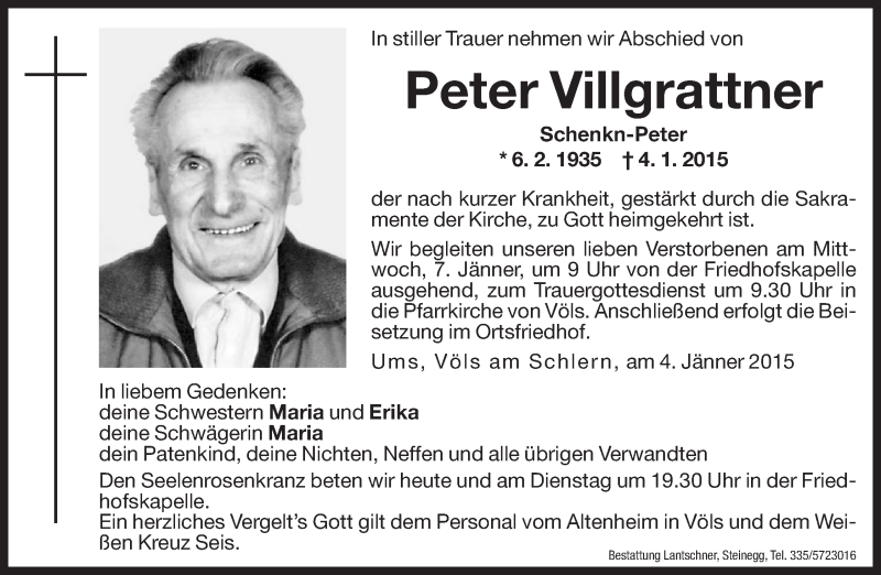  Traueranzeige für Peter Villgrattner vom 05.01.2015 aus Dolomiten