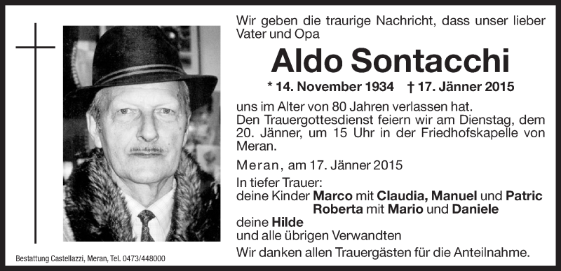  Traueranzeige für Aldo Sontacchi vom 19.01.2015 aus Dolomiten