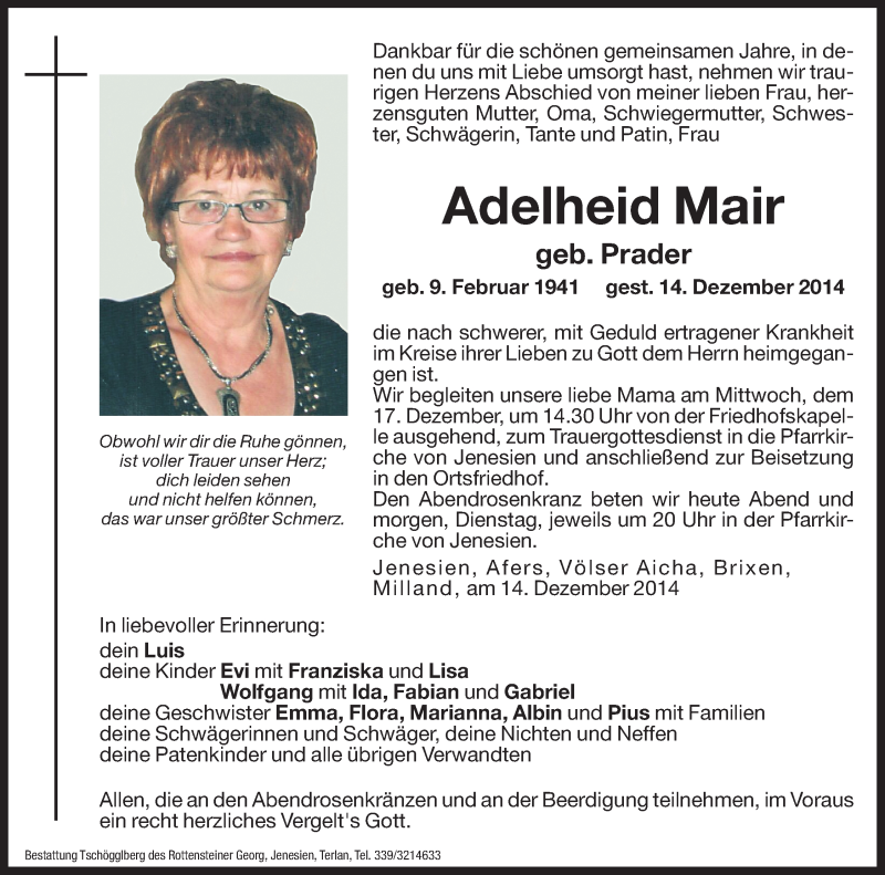  Traueranzeige für Adelheid Mair vom 15.12.2014 aus Dolomiten