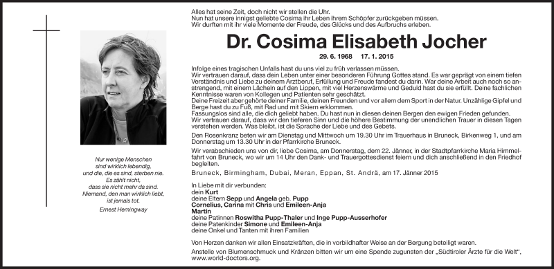  Traueranzeige für Cosima Elisabeth Jocher vom 20.01.2015 aus Dolomiten
