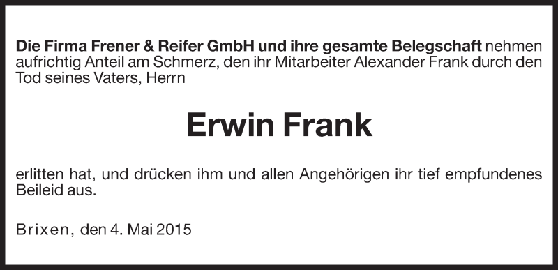  Traueranzeige für Erwin Frank vom 05.05.2015 aus Dolomiten