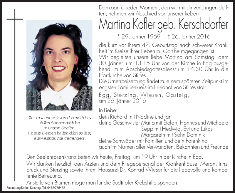  Traueranzeige für Martina Kofler vom 29.01.2016 aus Dolomiten