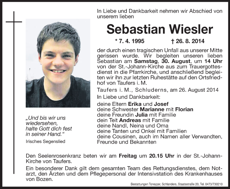  Traueranzeige für Sebastian Wiesler vom 29.08.2014 aus Dolomiten