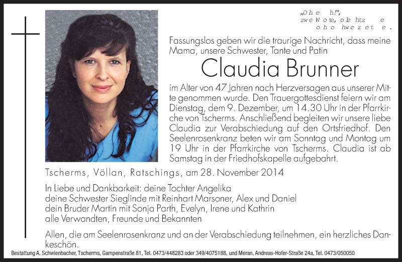  Traueranzeige für Claudia Brunner vom 05.12.2014 aus Dolomiten