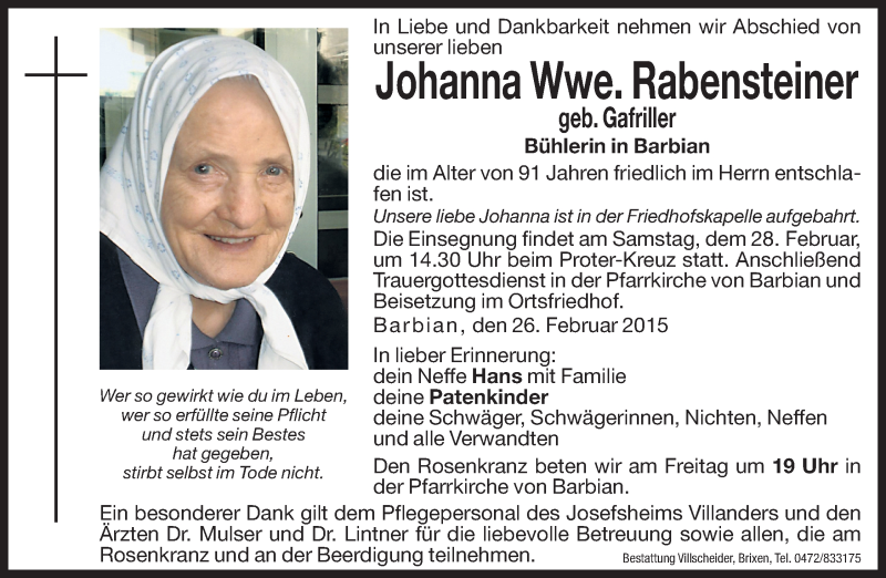  Traueranzeige für Johanna Rabensteiner vom 27.02.2015 aus Dolomiten