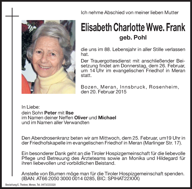  Traueranzeige für Elisabeth Charlotte Frank vom 24.02.2015 aus Dolomiten