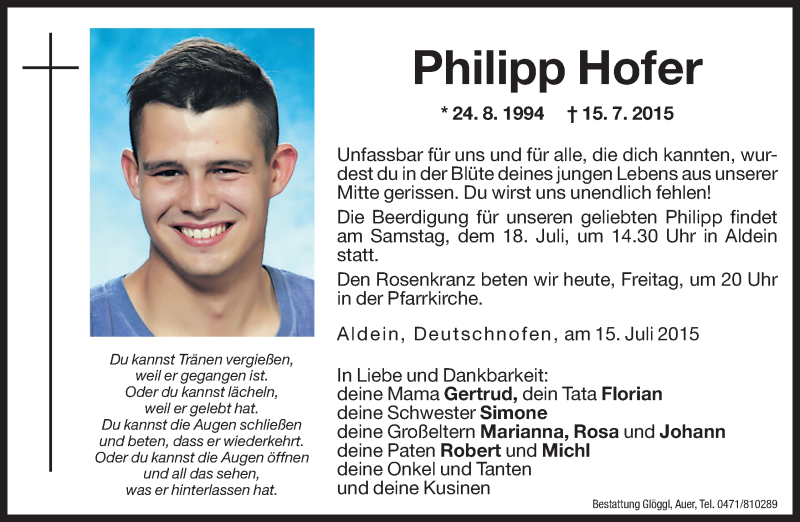  Traueranzeige für Philipp Hofer vom 17.07.2015 aus Dolomiten