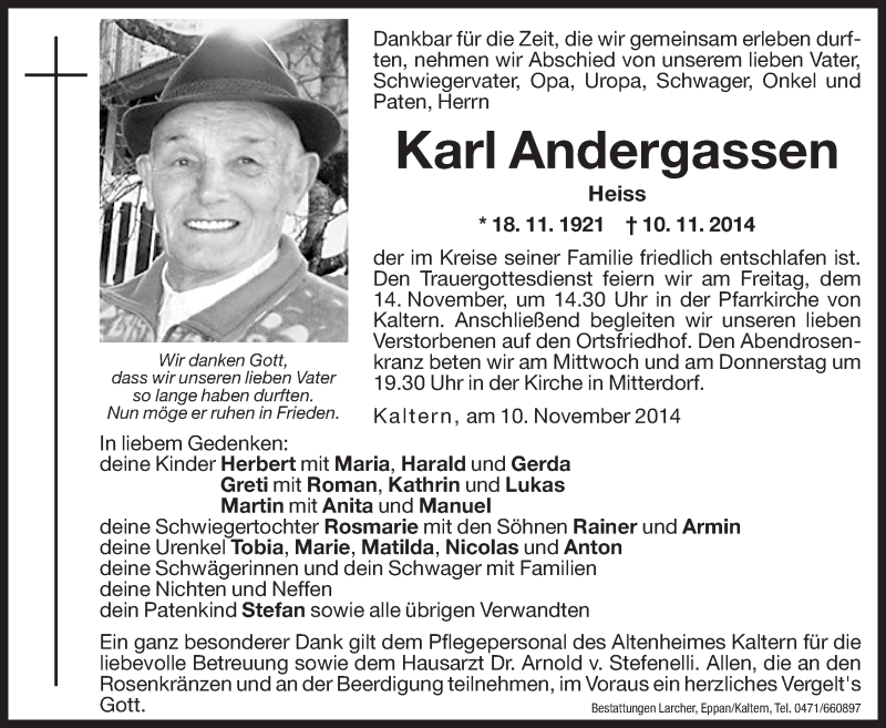  Traueranzeige für Karl Andergassen vom 12.11.2014 aus Dolomiten