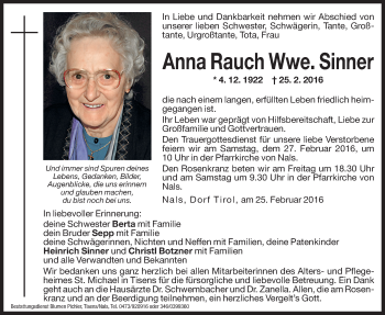 Traueranzeige von Anna Sinner von Dolomiten