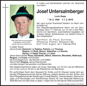 Traueranzeige von Josef Untersalmberger von Dolomiten