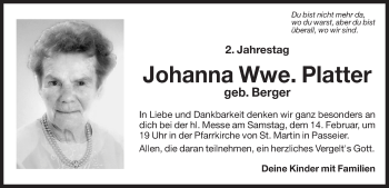 Traueranzeige von Johanna Platter von Dolomiten